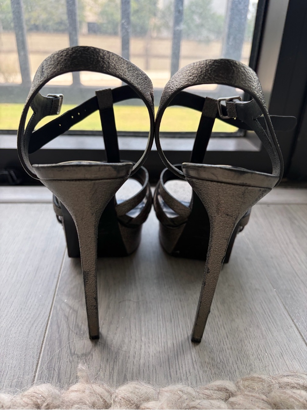 Saint Laurent Metallic Black Strappy Platform Heels - Picture 5 of 6